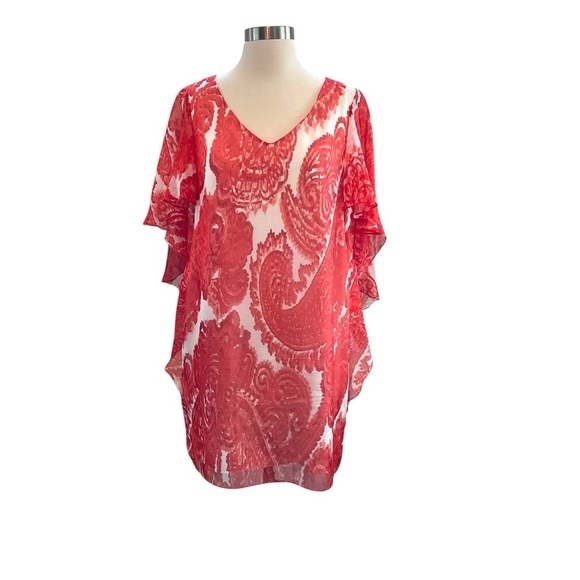 Milly Silk Coral and White Swim Coverup with V-Neck and Flutter Sleeves Size 4 - Picture 2 of 12